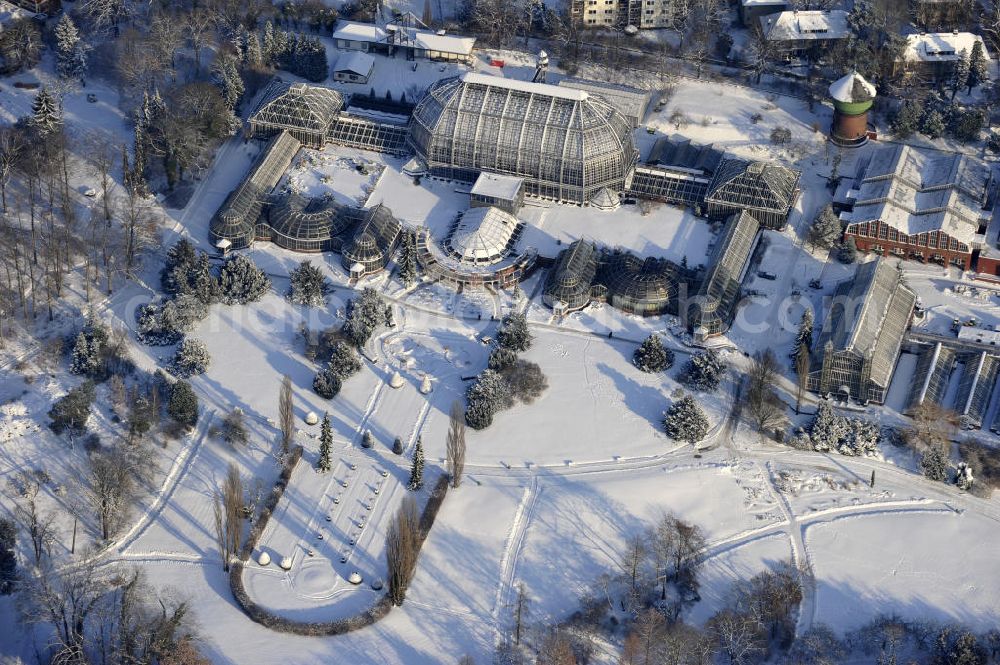 Berlin from above - Winterlich verschneiter Blick auf Verschneite Winterlandschaft des Botanischen Garten Berlin-Dahlem. Der Botanischer Garten und Botanisches Museum Berlin-Dahlem (BGBM) ist eine Zentraleinrichtung der Freien Universität Berlin.