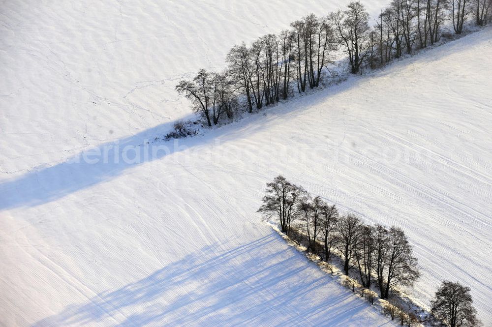 Frankenfelde from the bird's eye view: Blick auf winterlich verschneite Felder im brandenburgischen Frankenfelde. Views of wintry, snowy fields in Frankenfelde.