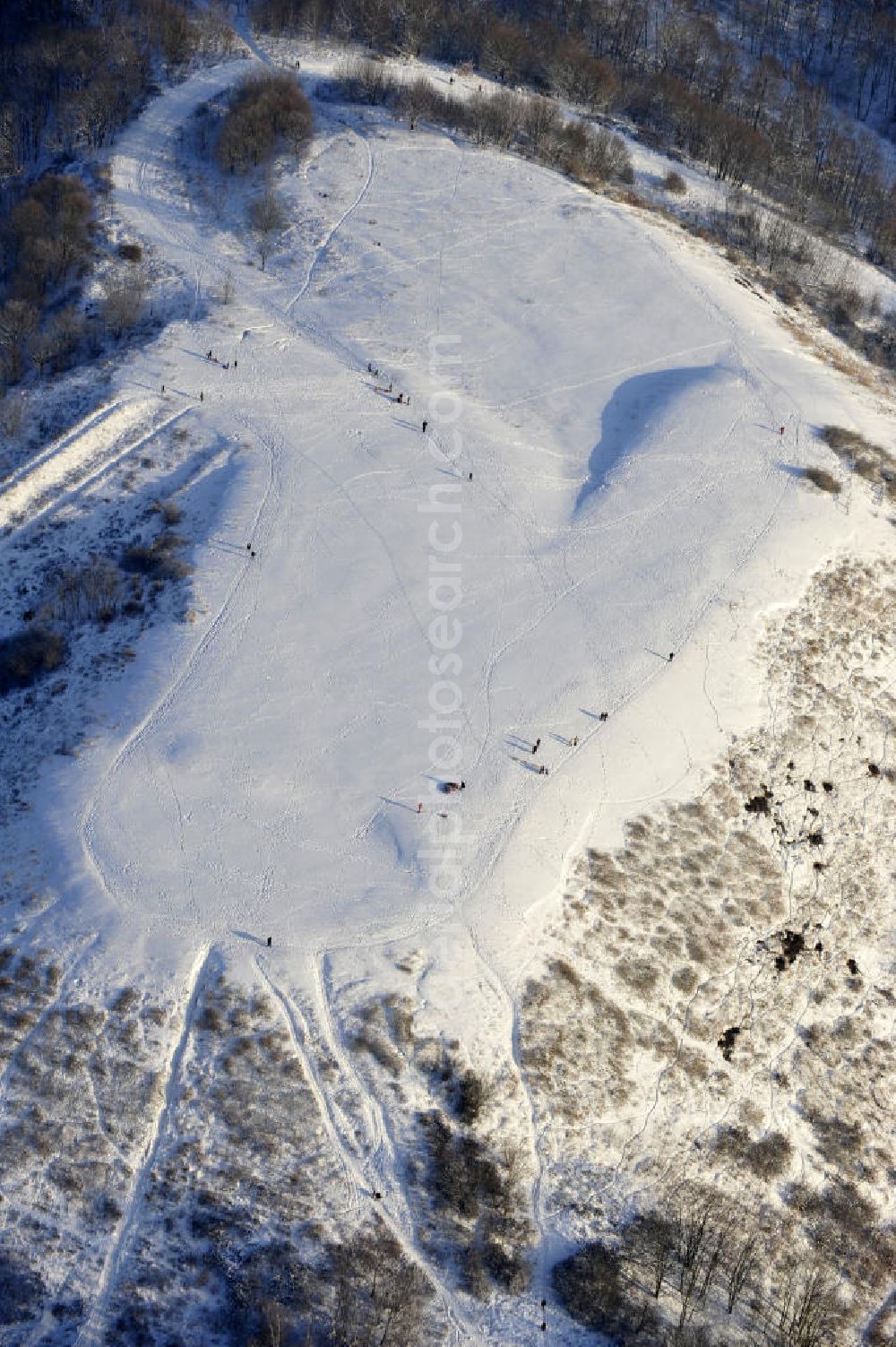 Berlin from the bird's eye view: Winterlandschaft am Rodelberg am Teufelsberg in Berlin. Winter landscape on the sledding hill at Devil's Mountain in Berlin.