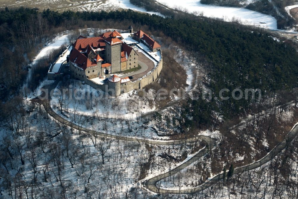 Aerial image Wachsenburg - Wintry snow-covered castle of Veste Wachsenburg in Thuringia