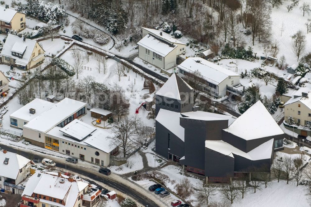 Arnsberg from above - Winter with snow covered Holy Cross Church on the Schreppenberg in Arnsberg in North Rhine-Westphalia