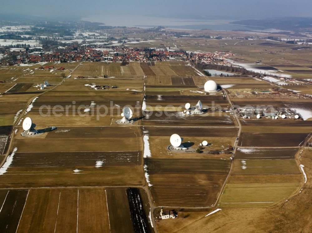 Aerial photograph Raisting - The satellite field and the chapel at St. Johann Raisting in Bavaria