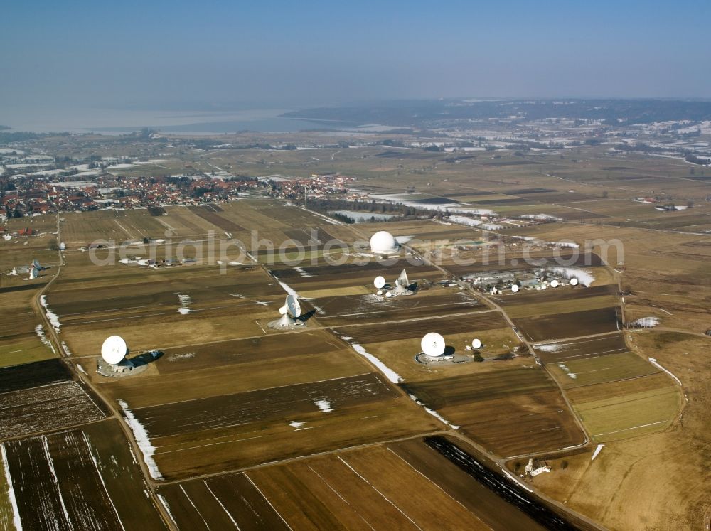 Raisting from above - The satellite field and the chapel at St. Johann Raisting in Bavaria