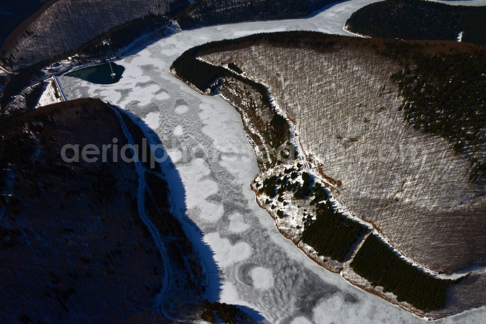 Schleusegrund from above - Wintry snow-covered landscape at the dam at Schleusengrund in Thuringia