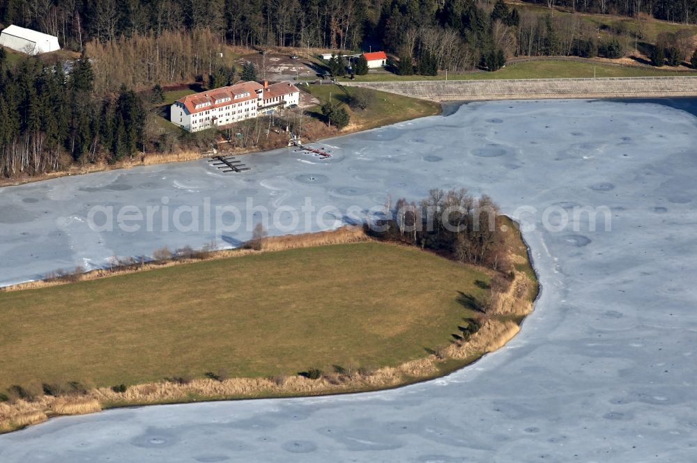 Ilmenau from above - Wintry landscape with snow covered dam - reservoir at Heyda in Ilmenau in Thuringia