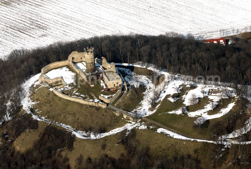 Aerial image Mühlberg - View the wintry snow-covered ruins of the castle Mühlberg in Thuringia