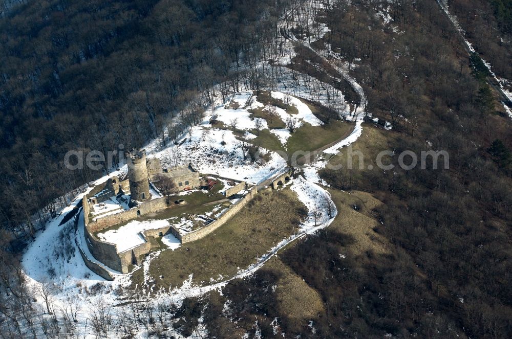 Aerial photograph Mühlberg - View the wintry snow-covered ruins of the castle Mühlberg in Thuringia