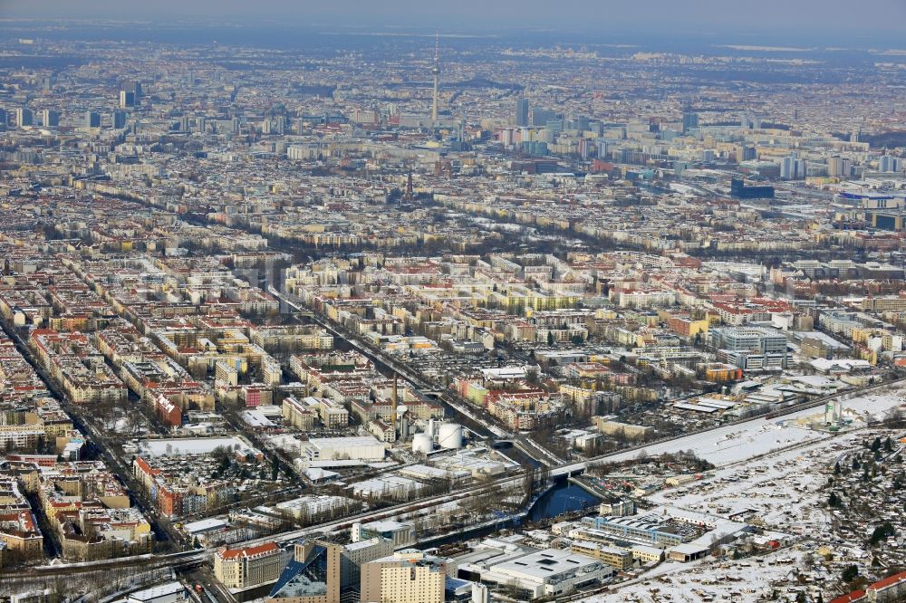 Berlin from above - Winter snow covered neighborhoods in the Berlin district of Neukölln