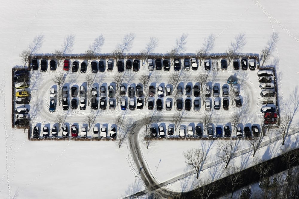 Aerial image Neubiberg - Winter with snow covered car parking in parking Lilienthalstrasse in Neubiberg in Munich in Bavaria
