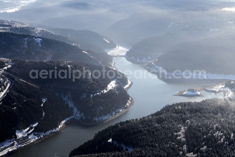 Goldisthal from above - Winter with snow covered dam of the reservoir at pumped storage plant in Goldisthal in Thuringia