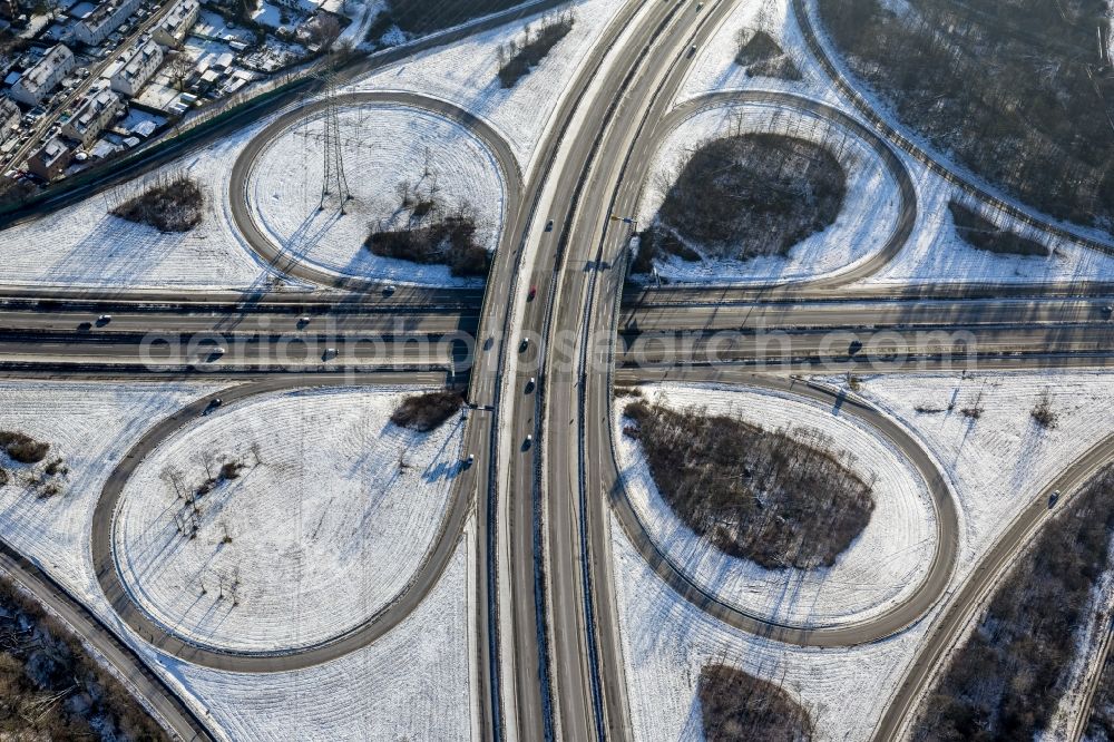 Aerial photograph Velbert - Winter covered with snow junction Essen-Nord motorway and A42 motorway B224 in Velbert in North Rhine-Westphalia