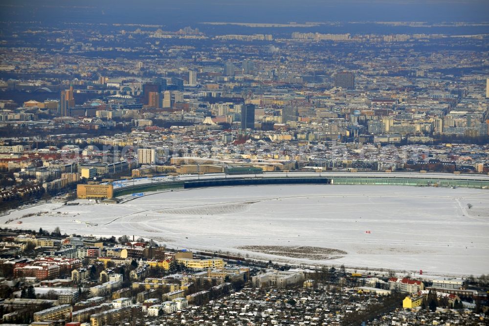 Berlin from above - View of the runway of the former airport Berlin-Tempelhof. By October 2008 it was one of three airports in the Berlin area. Today the site is used by the Berlin population as a recreational area