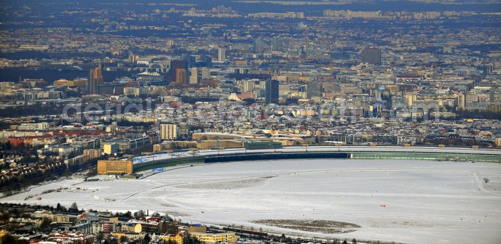 Berlin from above - View of the runway of the former airport Berlin-Tempelhof. By October 2008 it was one of three airports in the Berlin area. Today the site is used by the Berlin population as a recreational area