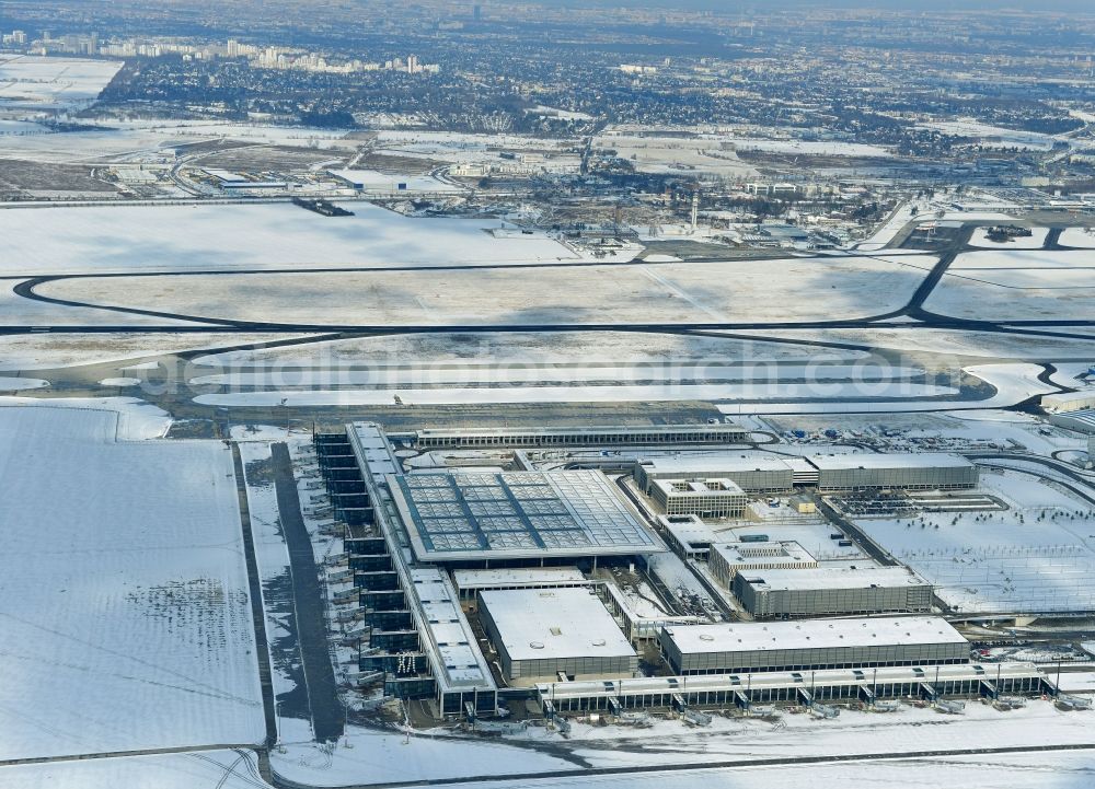 Schönefeld from above - Site of the new airport BER / BBI AIRPORT BERLIN BRANDENBURG Willi Brandt in Schönefeld in Brandenburg. The new terminal is in the south of the airport Berlin -Schoenefeld quality built