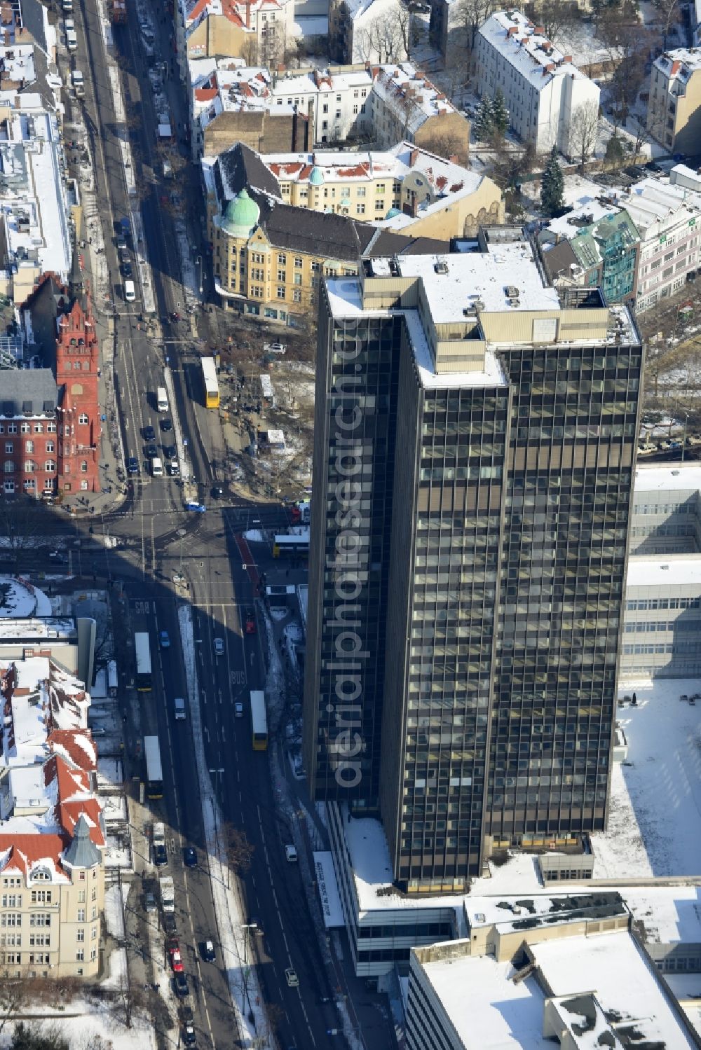 Berlin from above - View of the Steglitzer Kreisel, a building complex with an office tower in Berlins district of Steglitz