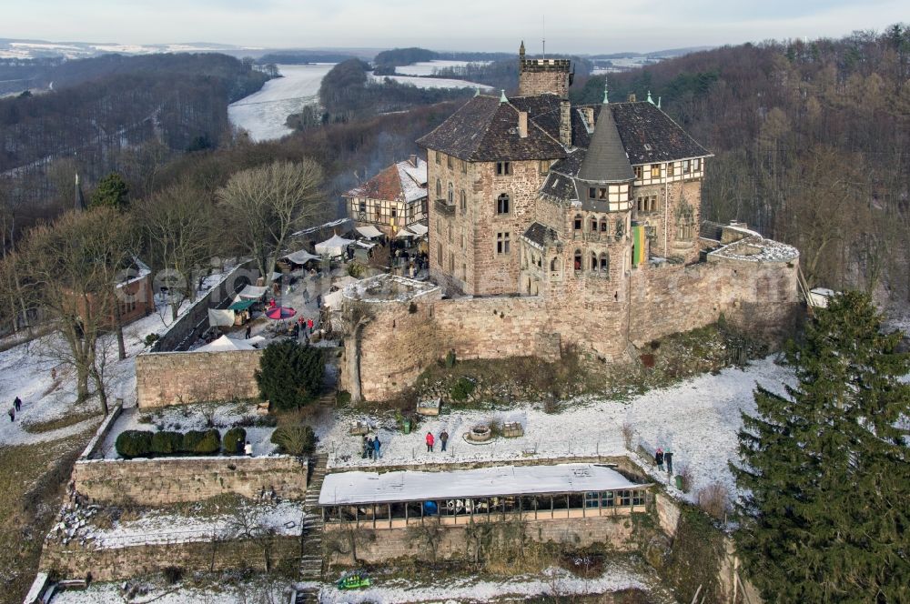 Aerial image Witzenhausen - Wintry covered with snow castle Berlepsch at Witzenhausen in Hesse