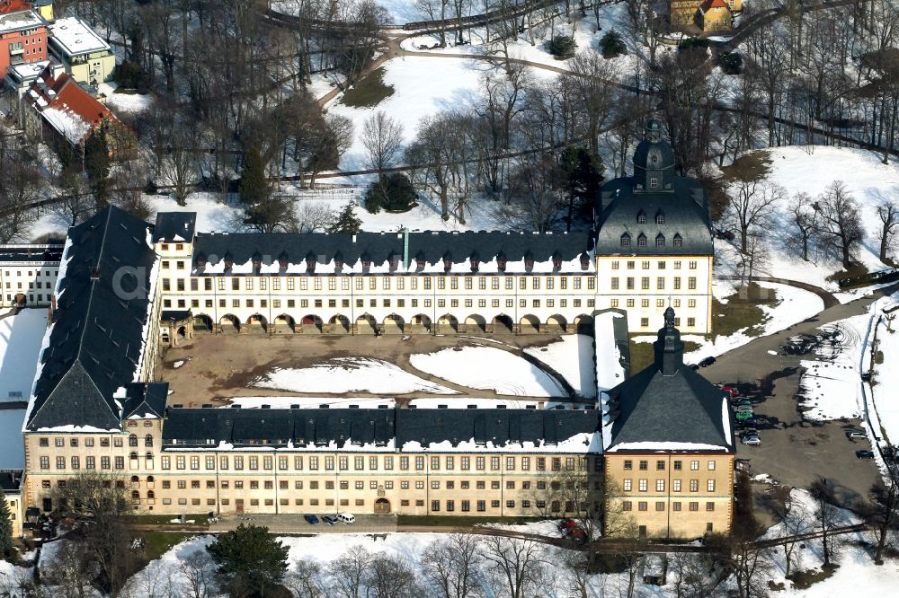 Gotha from the bird's eye view: Wintry covered with snow castle Friedenstein in Gotha in Thuringia