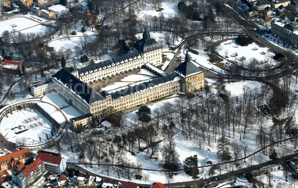 Aerial image Gotha - Wintry covered with snow castle Friedenstein in Gotha in Thuringia