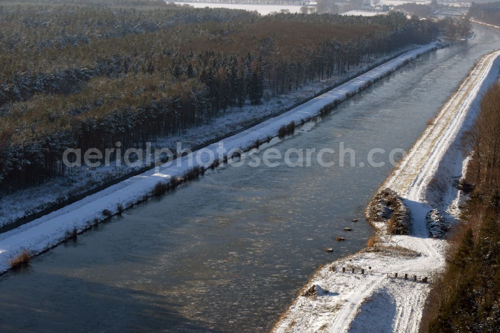 Wusterwitz from above - Wintry covered with snow and ice flux flow of the Elbe-Havel Canal near Wusterwitz in the state of Saxony-Anhalt