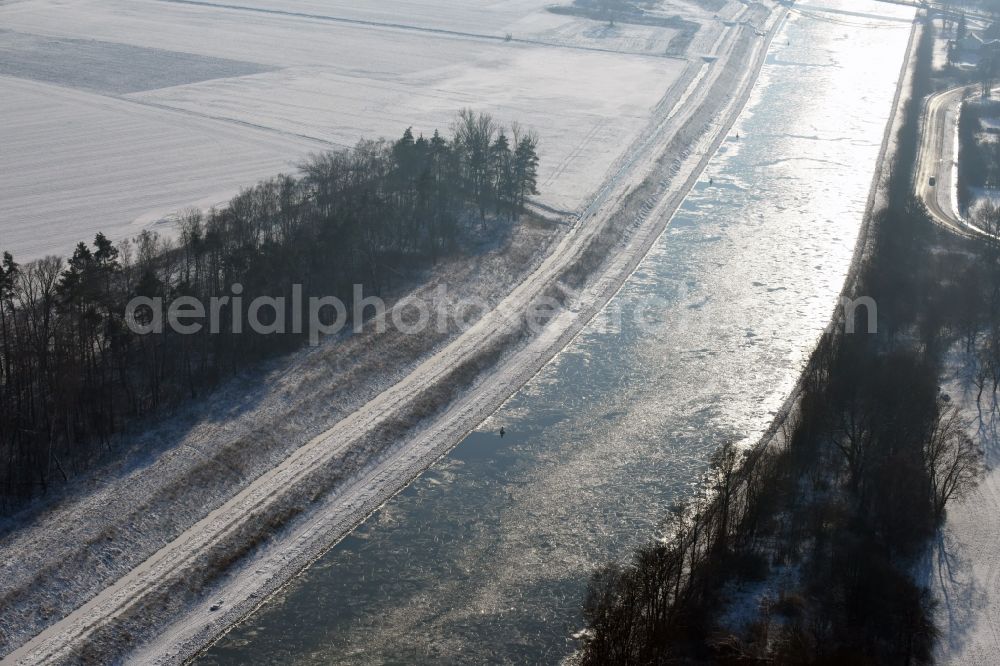 Aerial image Parey - Wintry covered with snow and ice flux flow of the Elbe-Havel Canal in Parey in the state of Saxony-Anhalt