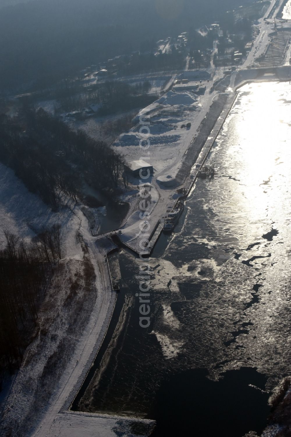 Aerial image Elbe-Parey - Wintry covered with snow and ice flux flow of the Elbe-Havel Canal in Zerben in the state of Saxony-Anhalt