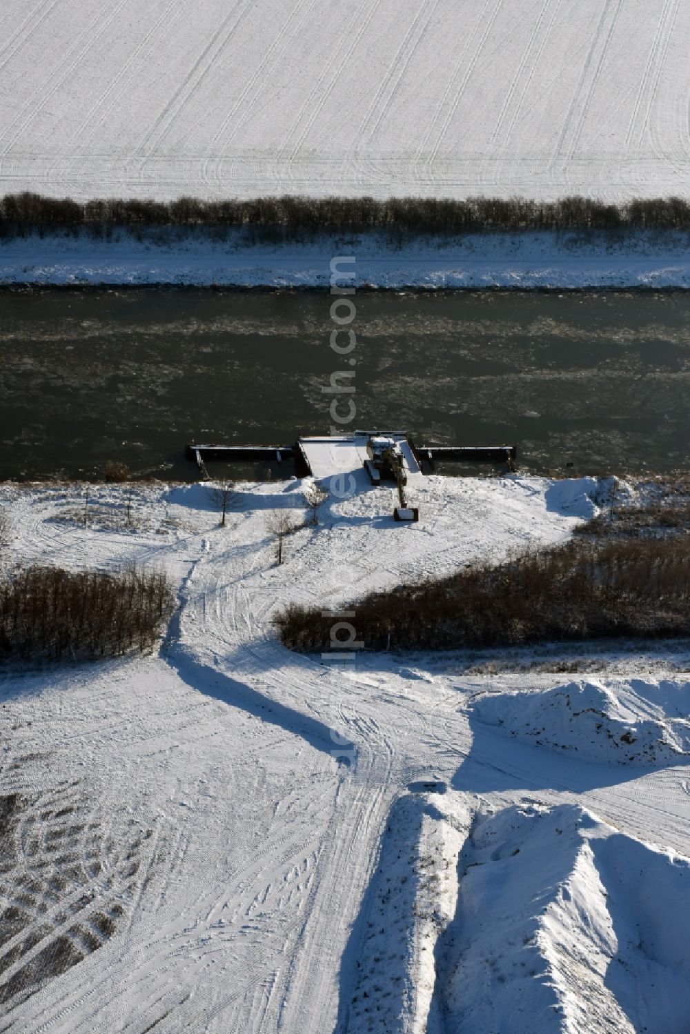 Elbe-Parey from above - Wintry snowy eposition surfaces in Bergzow on the Elbe-Havel Canal in the state of Saxony-Anhalt