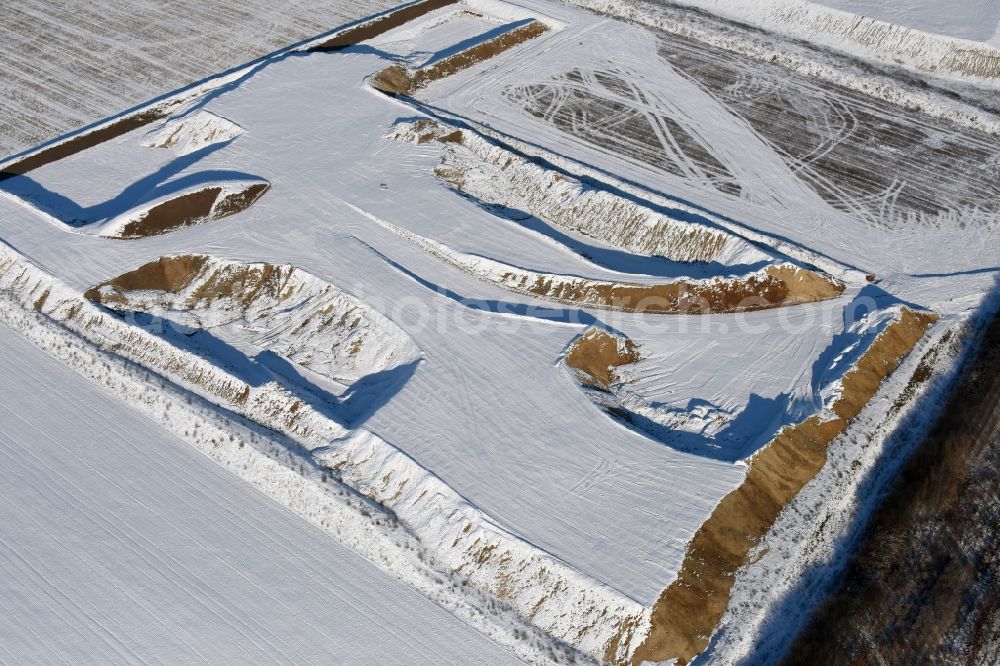 Aerial image Elbe-Parey - Wintry snowy eposition surfaces in Bergzow on the Elbe-Havel Canal in the state of Saxony-Anhalt