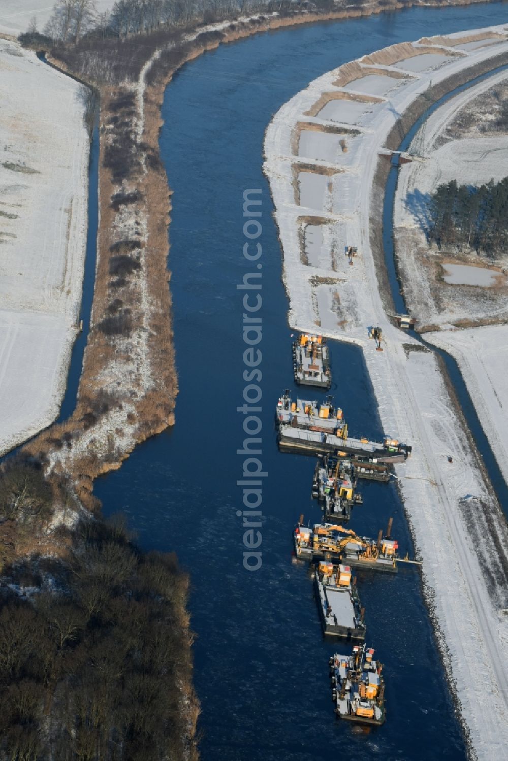 Aerial image Ihleburg - Wintry snowy disposal sites on the banks of the Elbe-Havel canal at Ihleburg in Saxony-Anhalt