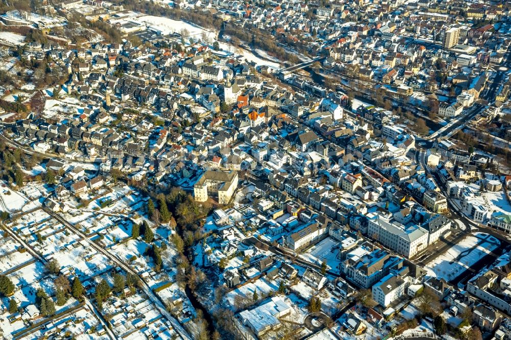 Aerial image Arnsberg - Wintry snowy old town of Arnsberg in the federal state North Rhine-Westphalia