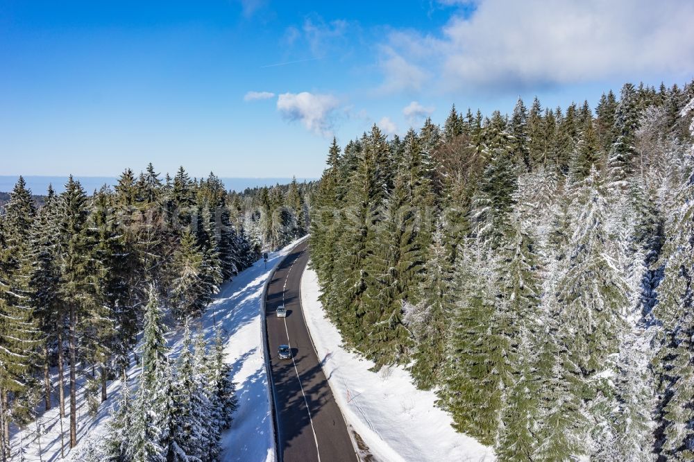 Aerial image Seebach - Wintry snowy treetops in a wooded area in Seebach in the state Baden-Wuerttemberg