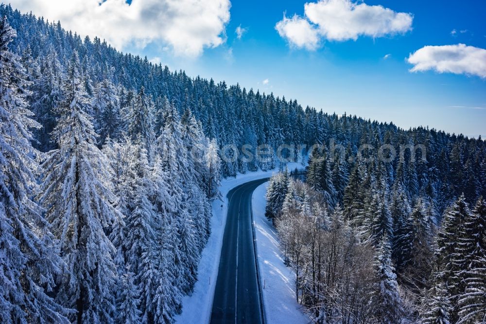 Aerial photograph Seebach - Wintry snowy treetops in a wooded area in Seebach in the state Baden-Wuerttemberg