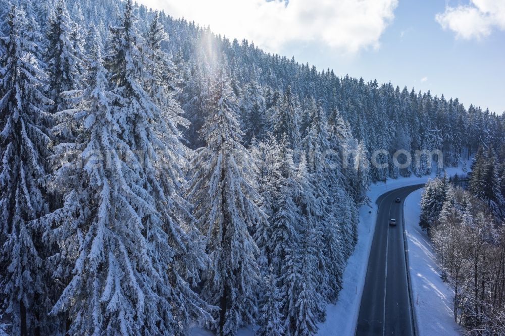 Seebach from above - Wintry snowy treetops in a wooded area in Seebach in the state Baden-Wuerttemberg