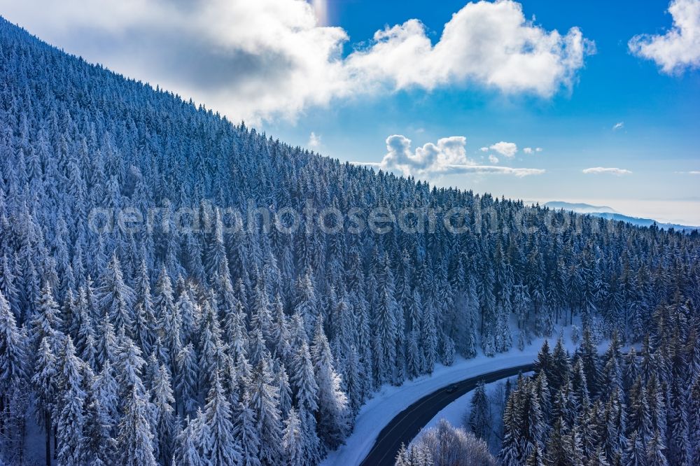 Seebach from the bird's eye view: Wintry snowy treetops in a wooded area in Seebach in the state Baden-Wuerttemberg