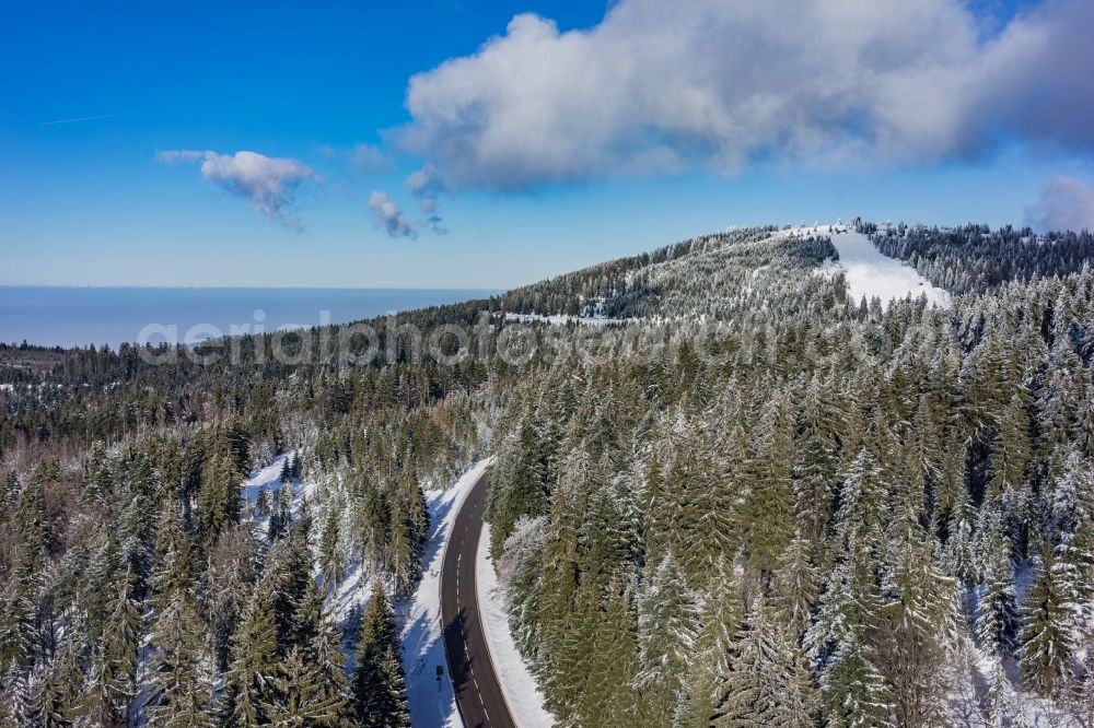 Aerial image Seebach - Wintry snowy treetops in a wooded area in Seebach in the state Baden-Wuerttemberg