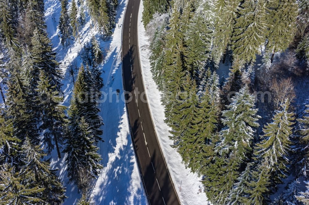 Seebach from the bird's eye view: Wintry snowy treetops in a wooded area in Seebach in the state Baden-Wuerttemberg