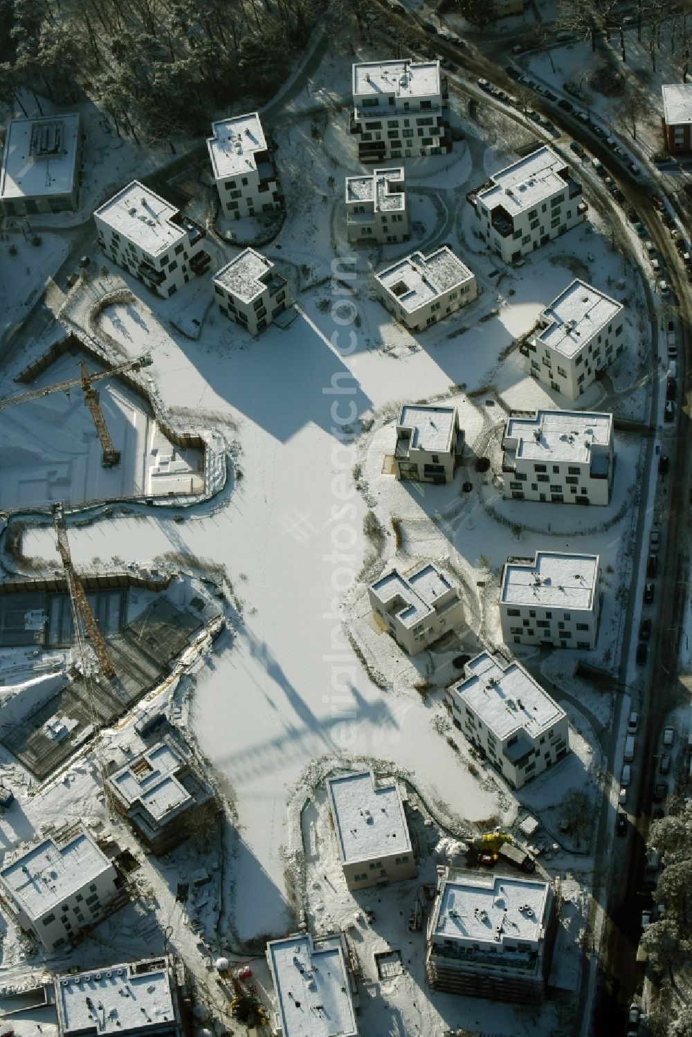 Aerial image Berlin - Wintry snowy building construction residential complex Five morning Dahlem Urban Village of STOFANEL group in Berlin