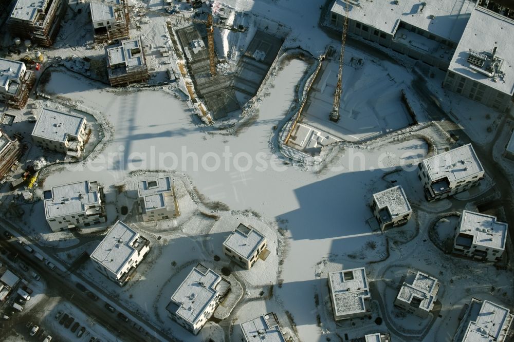 Aerial image Berlin - Wintry snowy building construction residential complex Five morning Dahlem Urban Village of STOFANEL group in Berlin