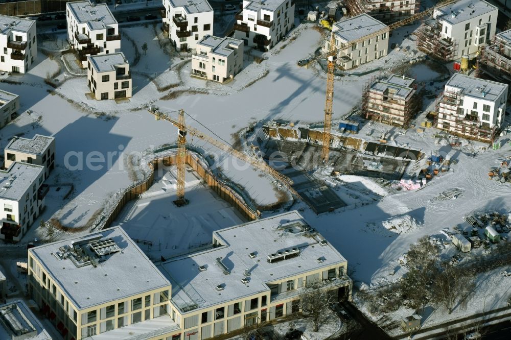 Aerial photograph Berlin - Wintry snowy building construction residential complex Five morning Dahlem Urban Village of STOFANEL group in Berlin