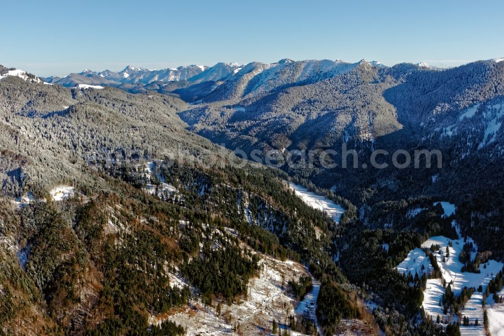 Lenggries from the bird's eye view: Valley landscape surrounded by mountains in Lenggries in the state Bavaria, Germany