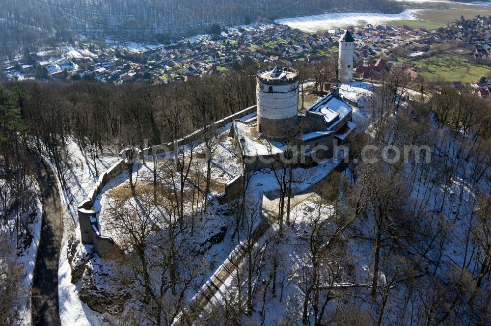 Bovenden from above - Wintry snowy Plesse Castle, also called Plesseburg or ruin Plesseburg, in Bovenden in Lower Saxony