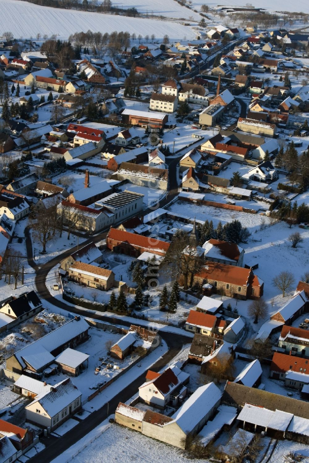 Genthin from above - Wintry snowy village view in Gladau in the state Saxony-Anhalt