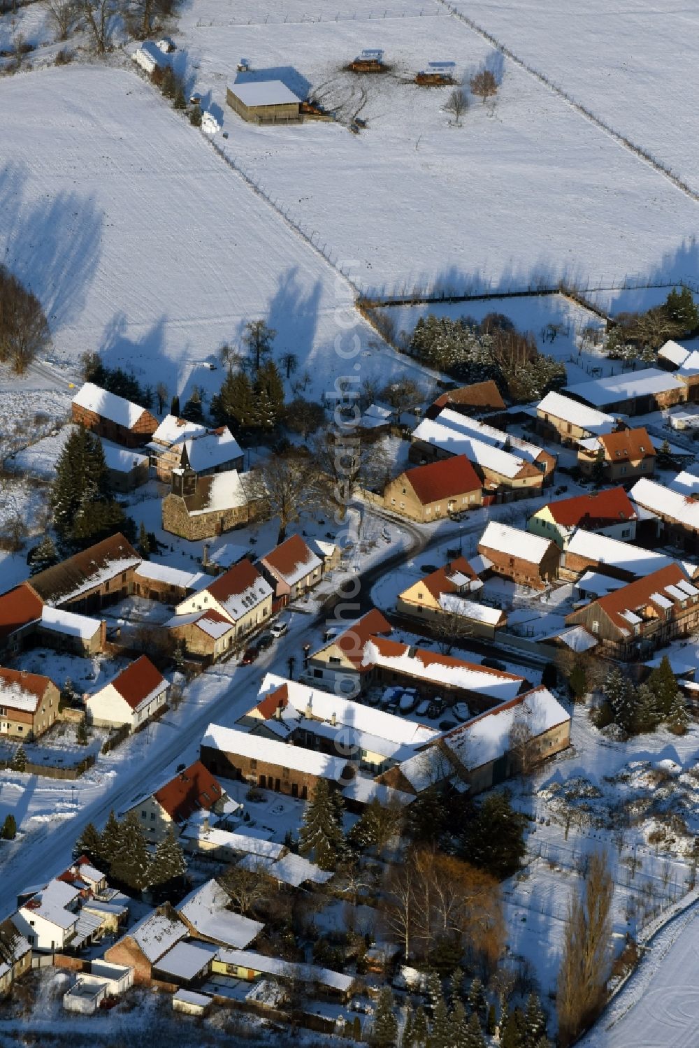 Aerial photograph Gollwitz - Wintry snowy village view in Gollwitz in the state Brandenburg