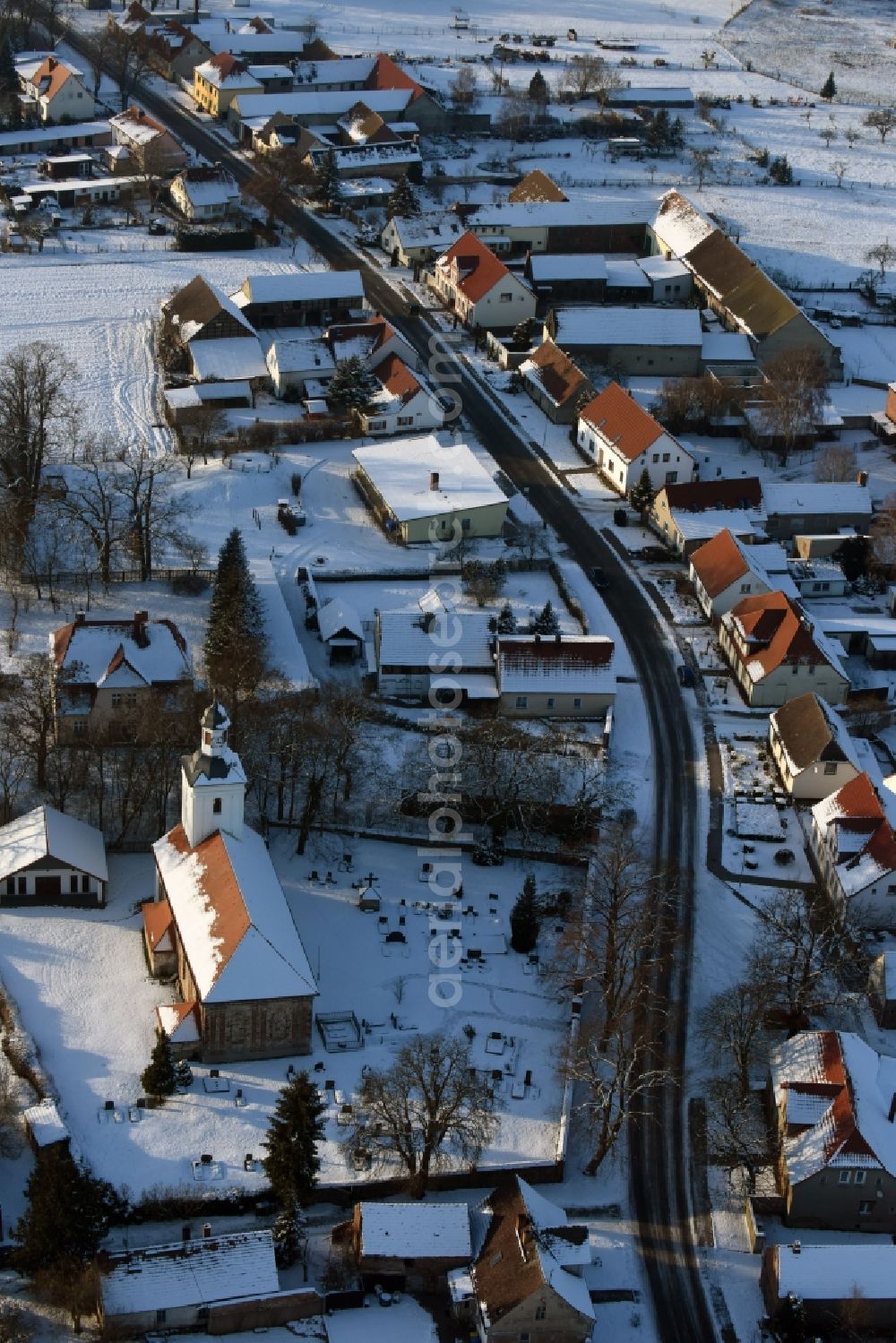 Krüssau from above - Wintry snowy village view in Kruessau in the state Saxony-Anhalt