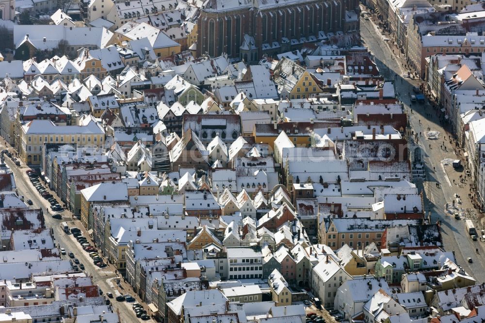 Landshut from above - Winter snow covered houses of the old town at Kirchgasse in Landshut in Bavaria