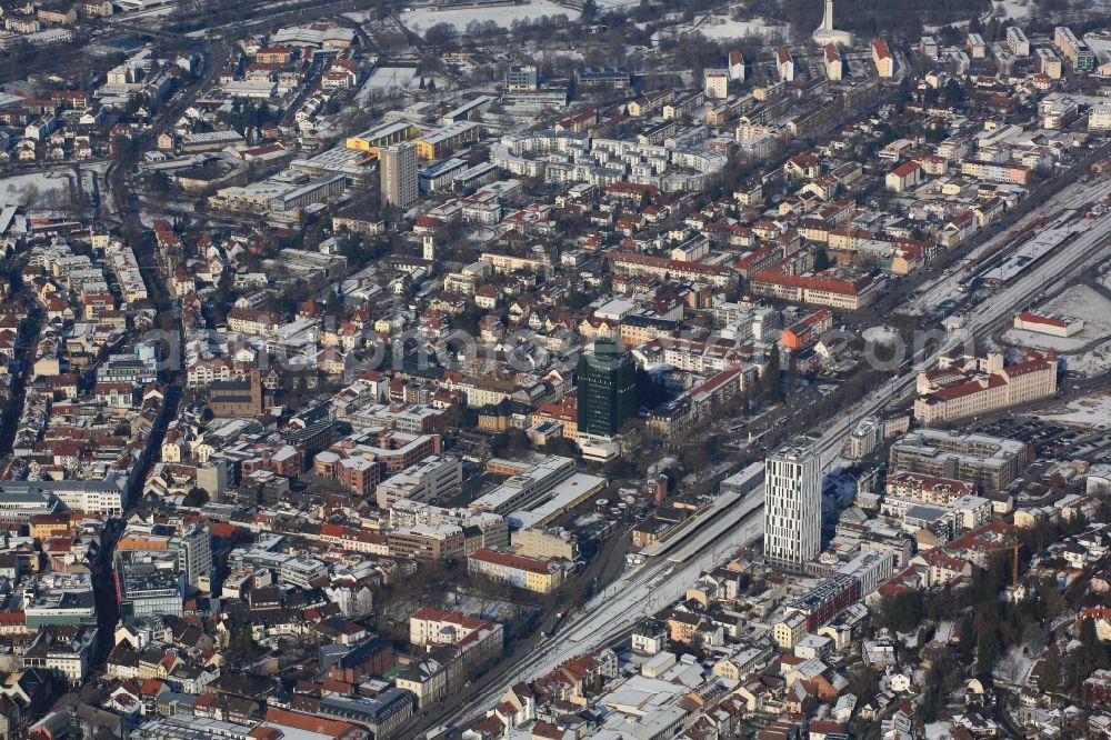 Lörrach from above - Wintry snowy townscape with streets and houses of the residential areas in Loerrach in the state Baden-Wuerttemberg