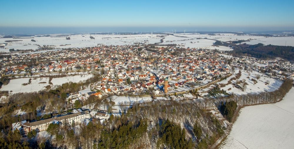 Rüthen from above - Wintry snowy townscape with streets and houses of the residential areas in Ruethen in the state North Rhine-Westphalia