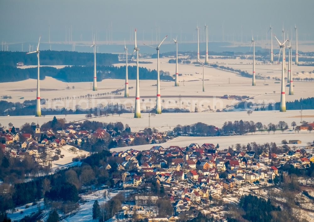 Rüthen from above - Wintry snowy townscape with streets and houses of the residential areas in Ruethen in the state North Rhine-Westphalia