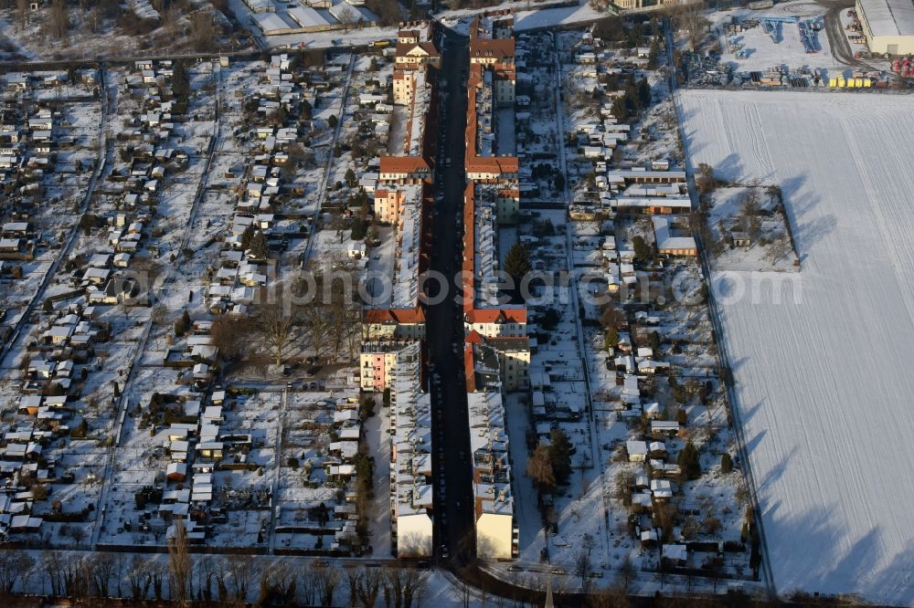 Aerial image Magdeburg - Winterly snowy parcels of the small garden Sonnenhain e.V. along a multi-family house settlement in Otto-Richter-Strasse in Magdeburg in the state Saxony-Anhalt