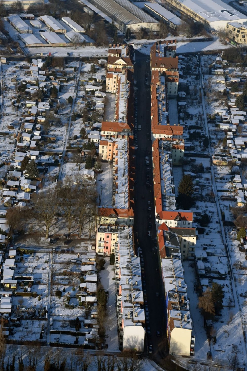 Magdeburg from above - Winterly snowy parcels of the small garden Sonnenhain e.V. along a multi-family house settlement in Otto-Richter-Strasse in Magdeburg in the state Saxony-Anhalt