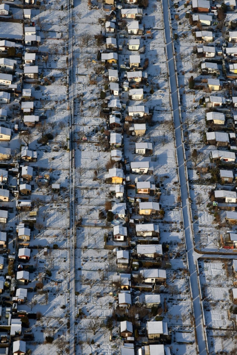 Magdeburg from the bird's eye view: Winterly snowy parcels of a small garden in Magdeburg in the state Saxony-Anhalt